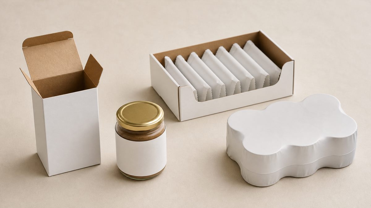 Common secondary packaging formats including carton sleeve tray and multipack wrap