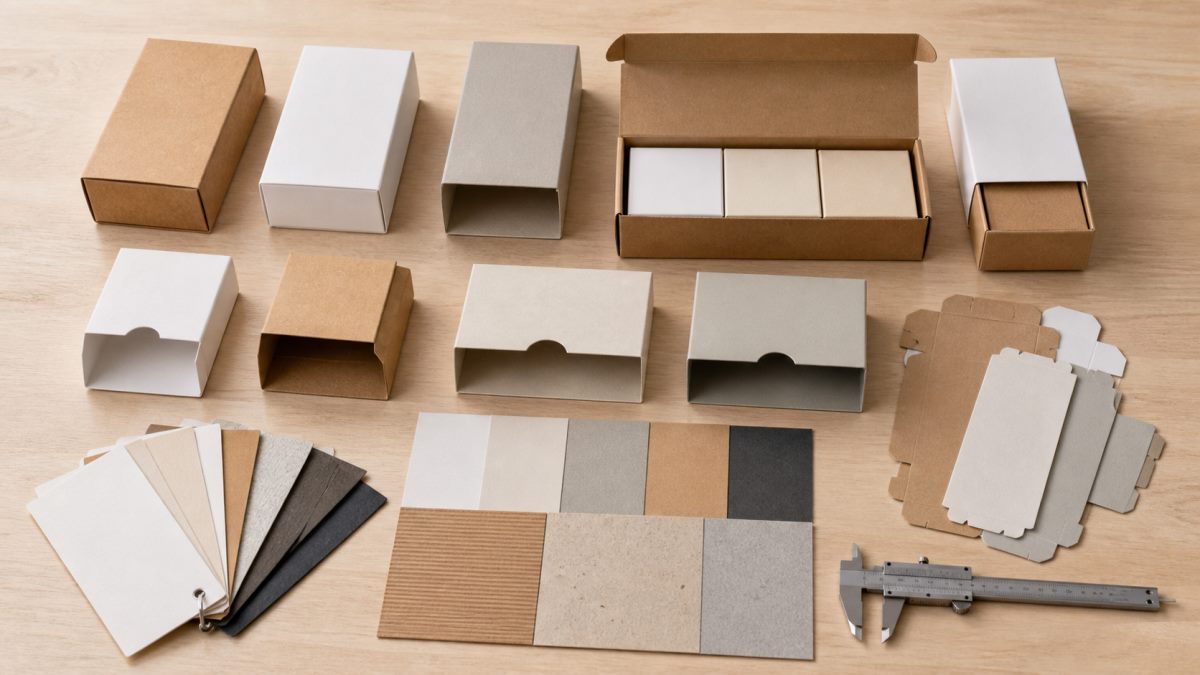Secondary packaging structure samples with cartons sleeves and material swatches