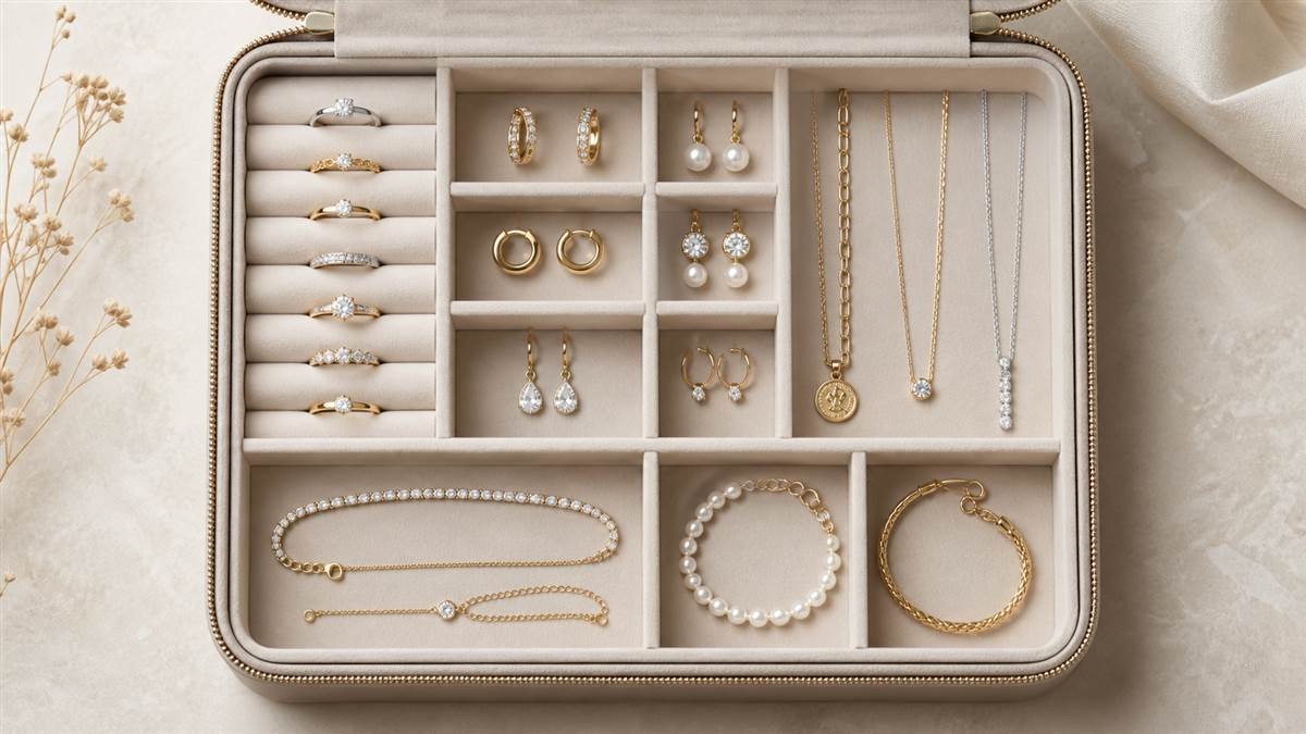 Separate jewelry storage layout preventing chains, rings, and earrings from touching
