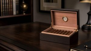 Small cigar humidor box on a walnut desk