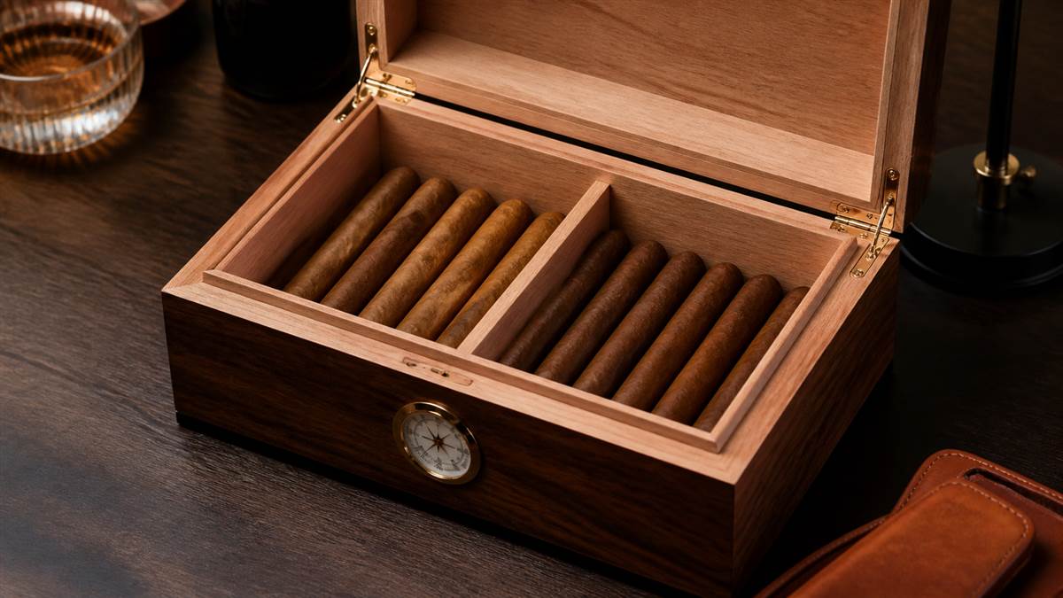 Small cigar humidor box with a compact cigar collection