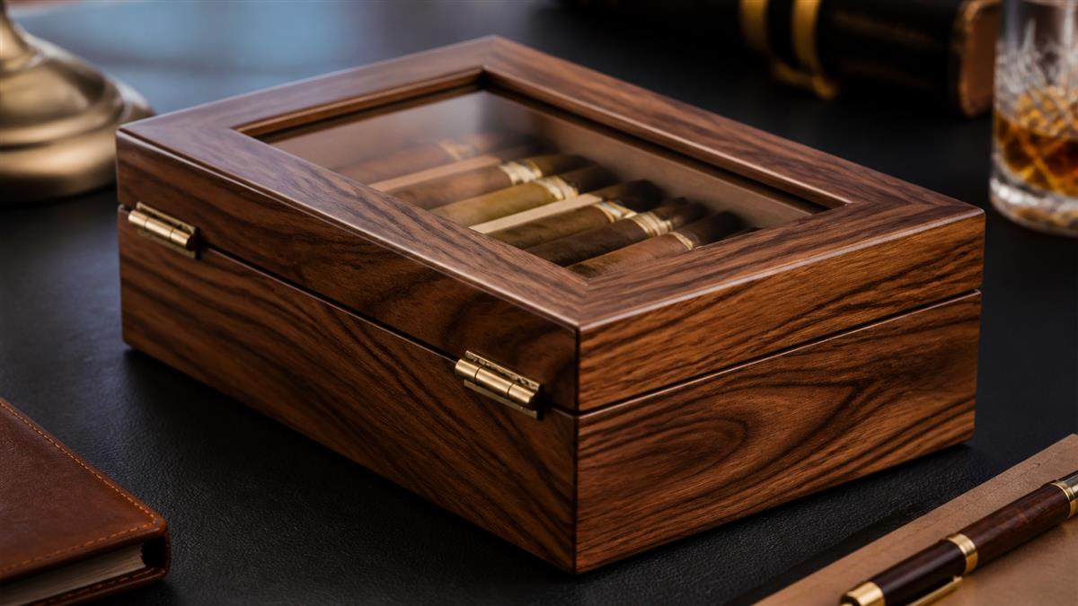 Desktop humidor with aligned lid and hinge details
