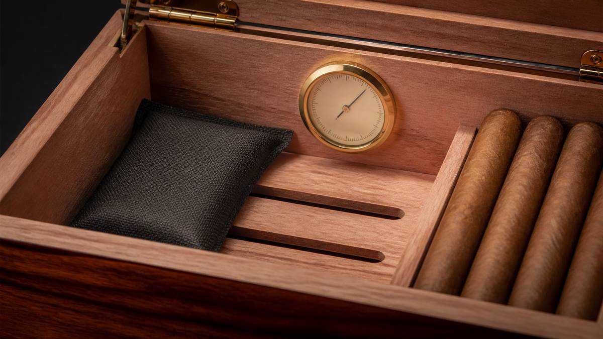 Humidor interior with hygrometer and humidity-control pouch