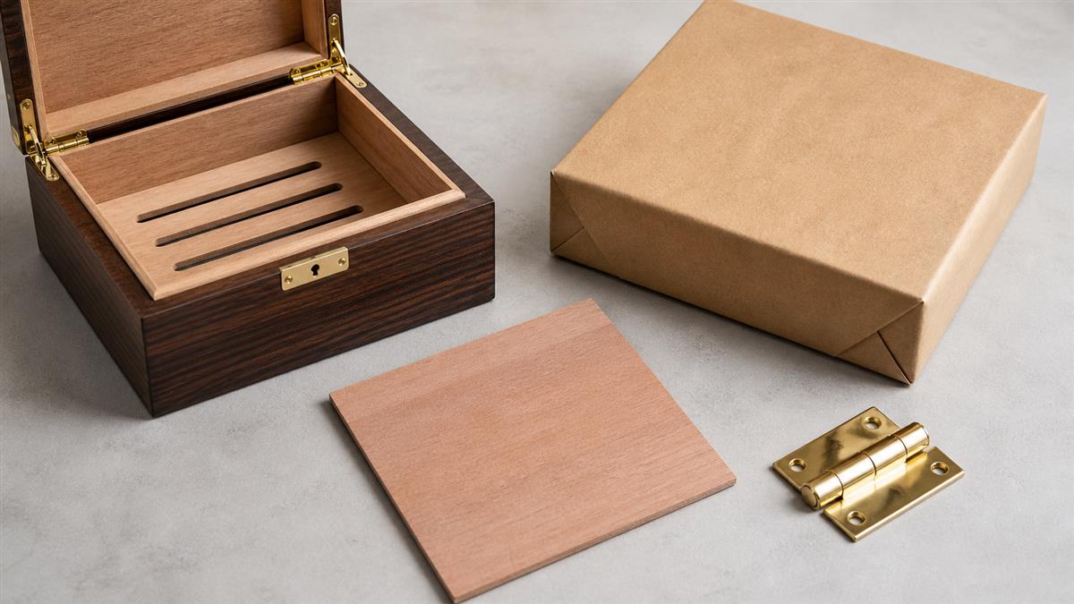 Humidor materials, cedar lining, and hinge detail