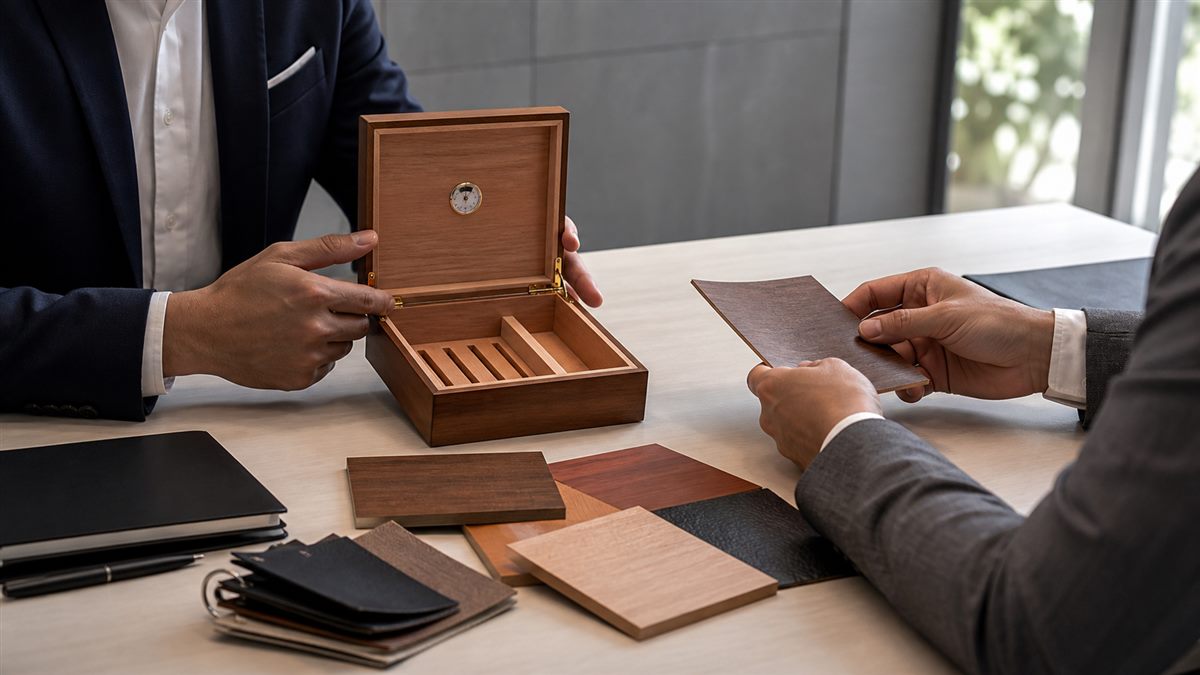 Packaging team reviewing a compact cigar humidor prototype