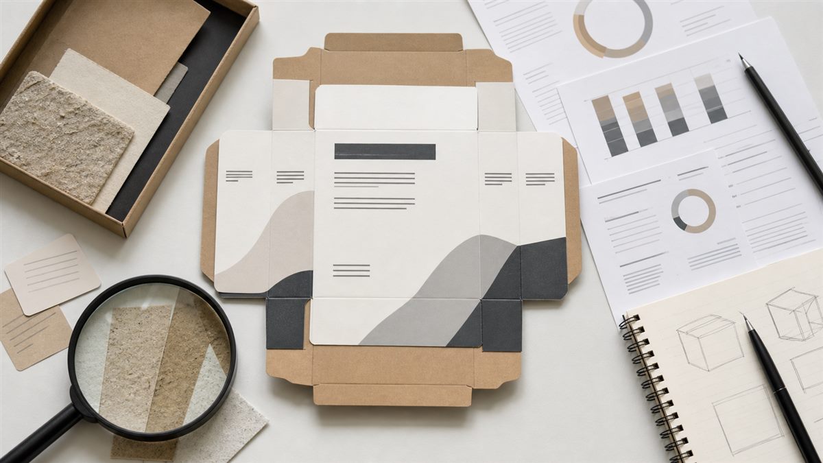 Packaging artwork proof reviewed beside material documentation and component notes