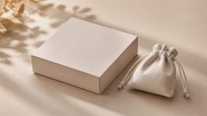 Unbranded jewelry presentation box and reusable pouch on a neutral studio surface.