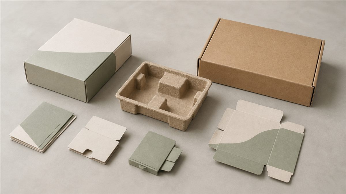 Packaging components arranged to show product protection, material use, and end-of-life planning