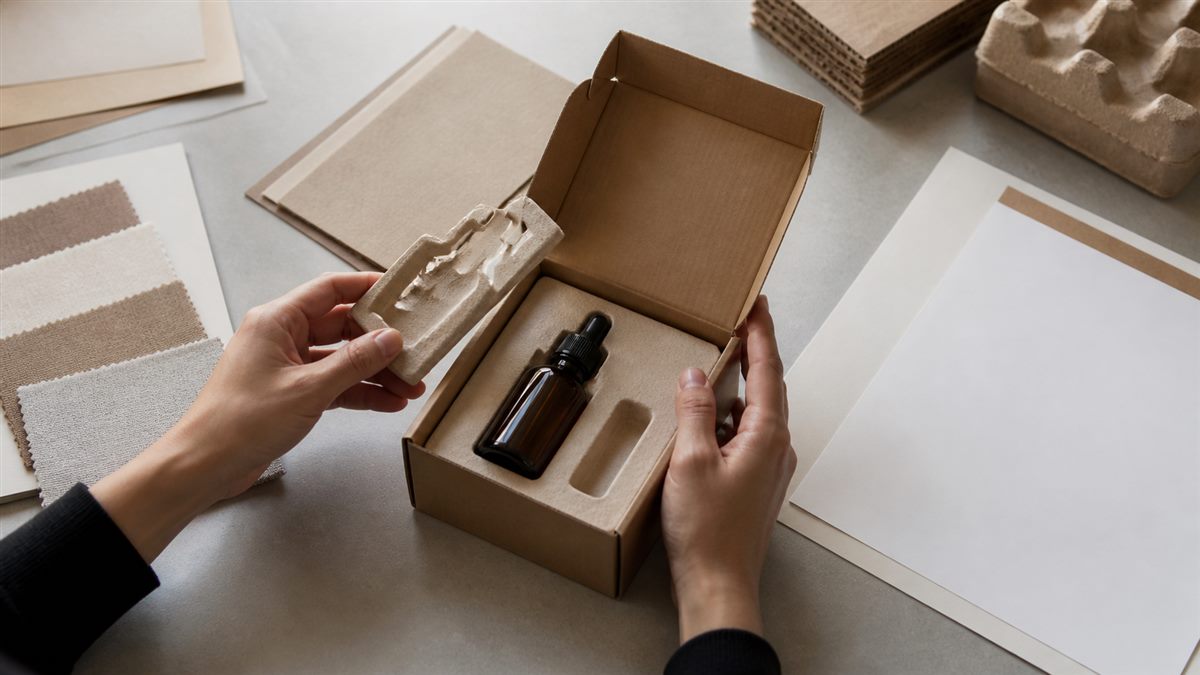 Packaging sample reviewed with product, fitted insert, material swatches, and specification sheet