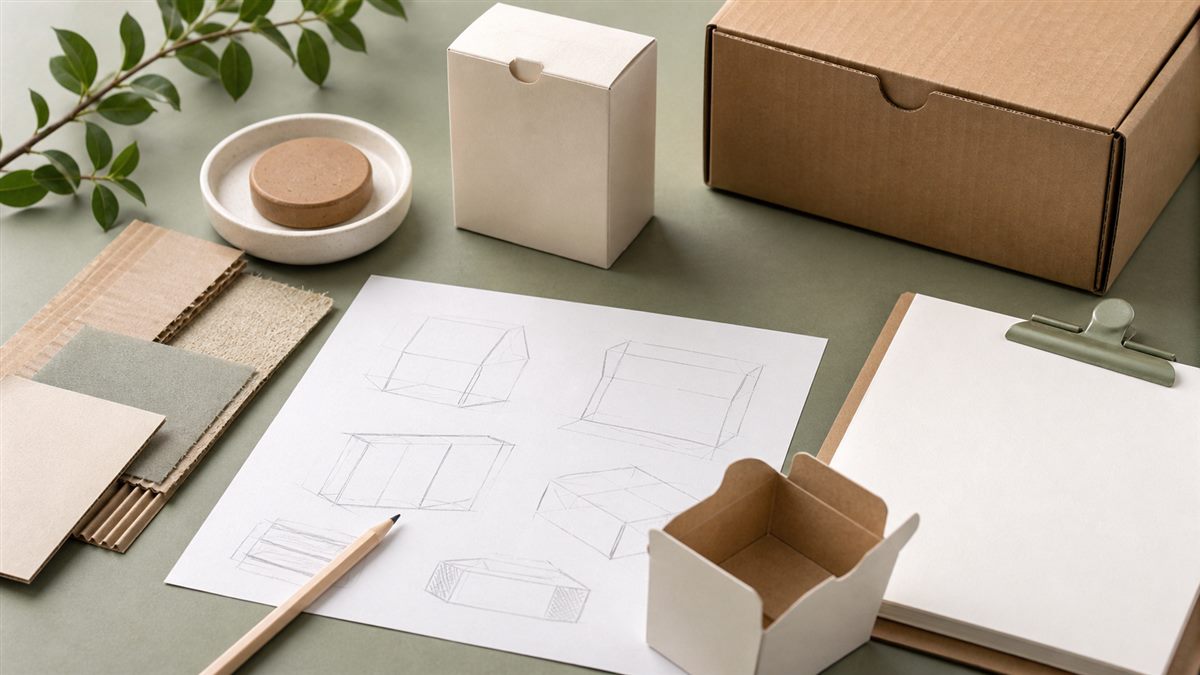 Packaging supplier brief with structural sketch, material swatches, product sample, and shipping notes