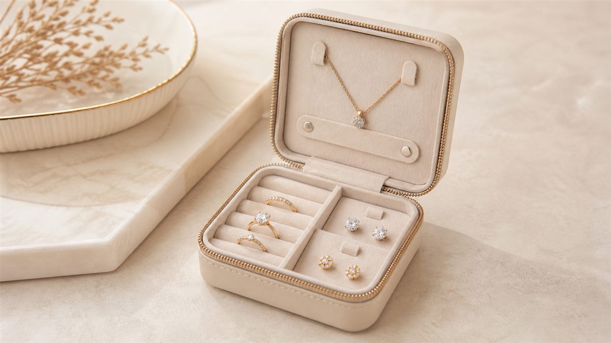 Compact travel jewelry case with secured spaces for necklaces, rings, and earrings