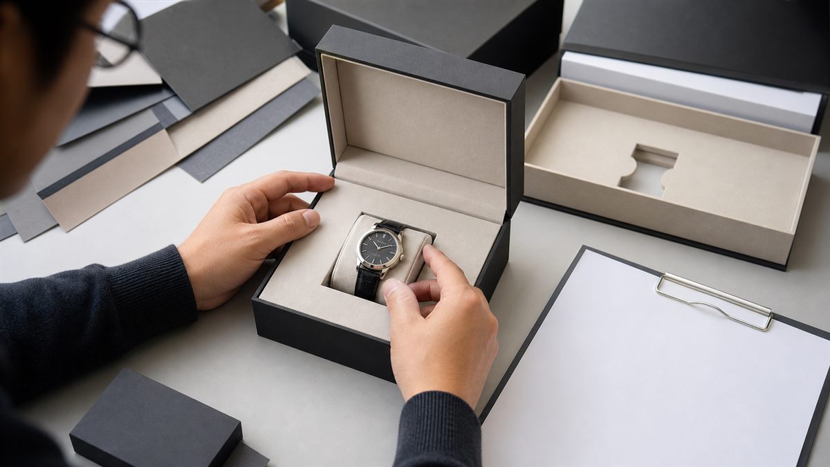 Hands reviewing watch fit in a custom presentation-box sample.