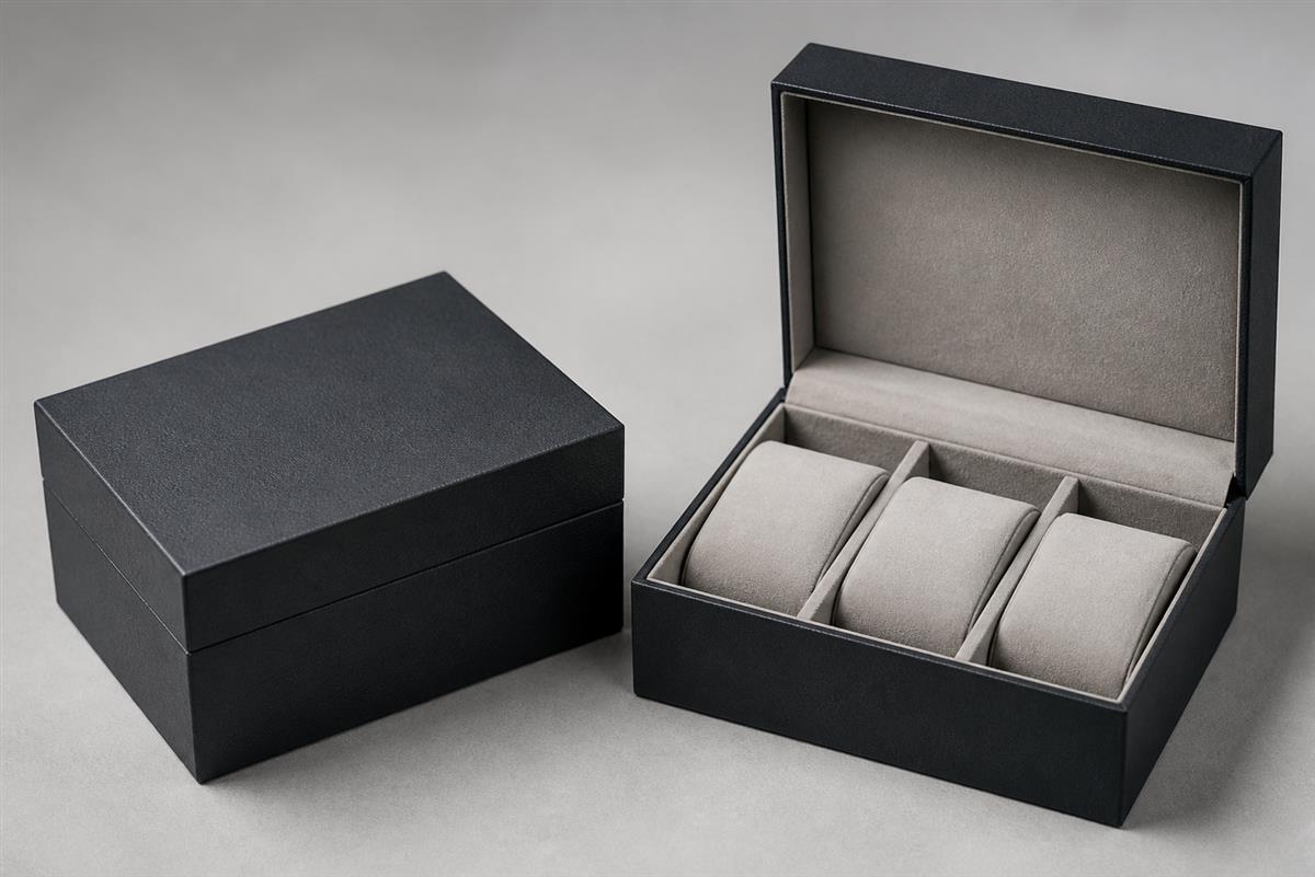 Custom watch box with restrained logo placement and premium surface finish