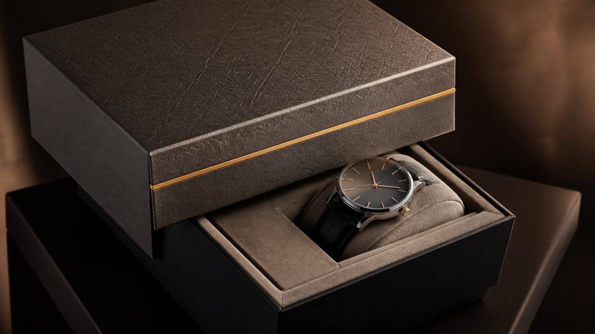 Watch presentation box with subtle surface finish detail.
