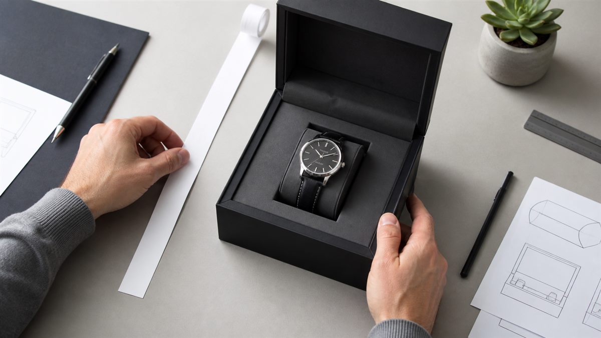 Review of a watch box insert fit during packaging development.