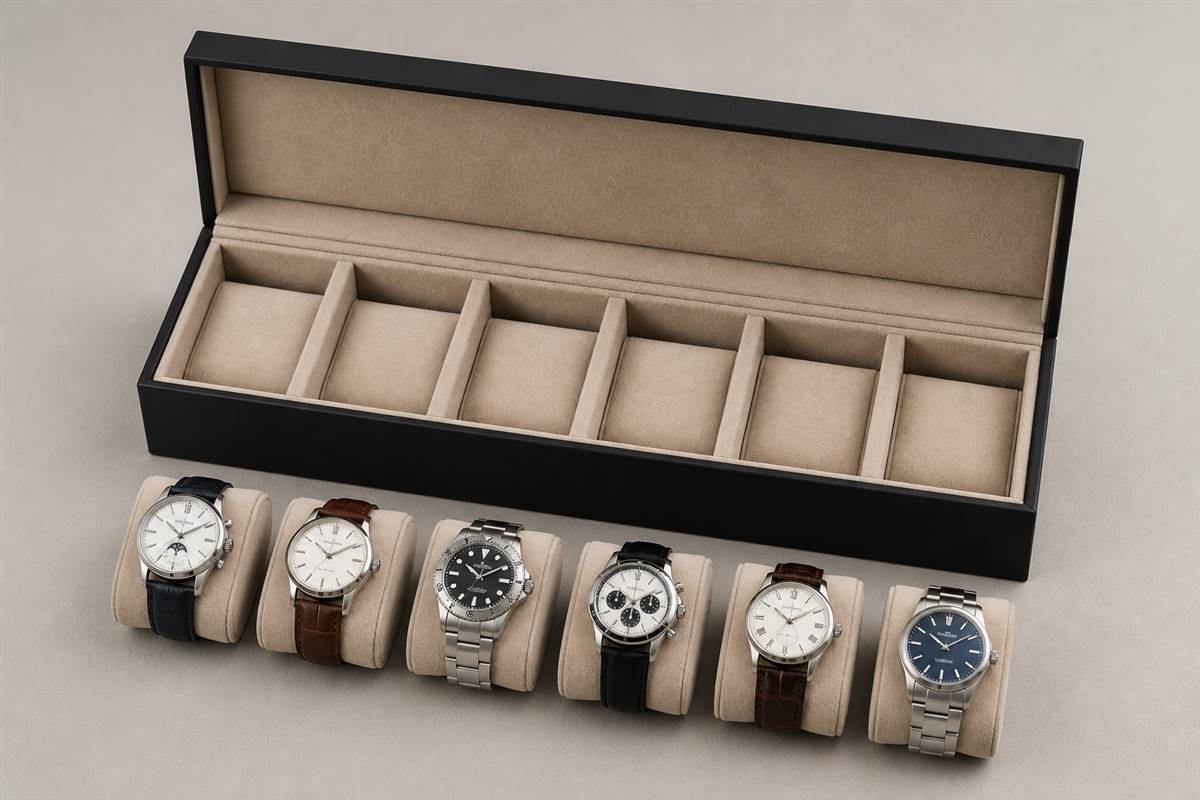 Watch box insert holding a watch securely around a cushion