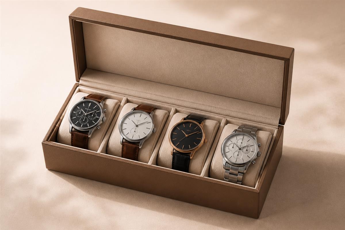 Watch box material samples showing paper wrap, wood grain, and textured covering
