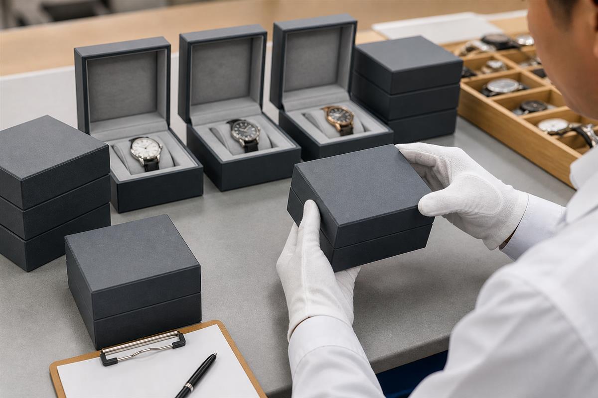 Finished watch boxes checked for alignment, closure, and presentation consistency