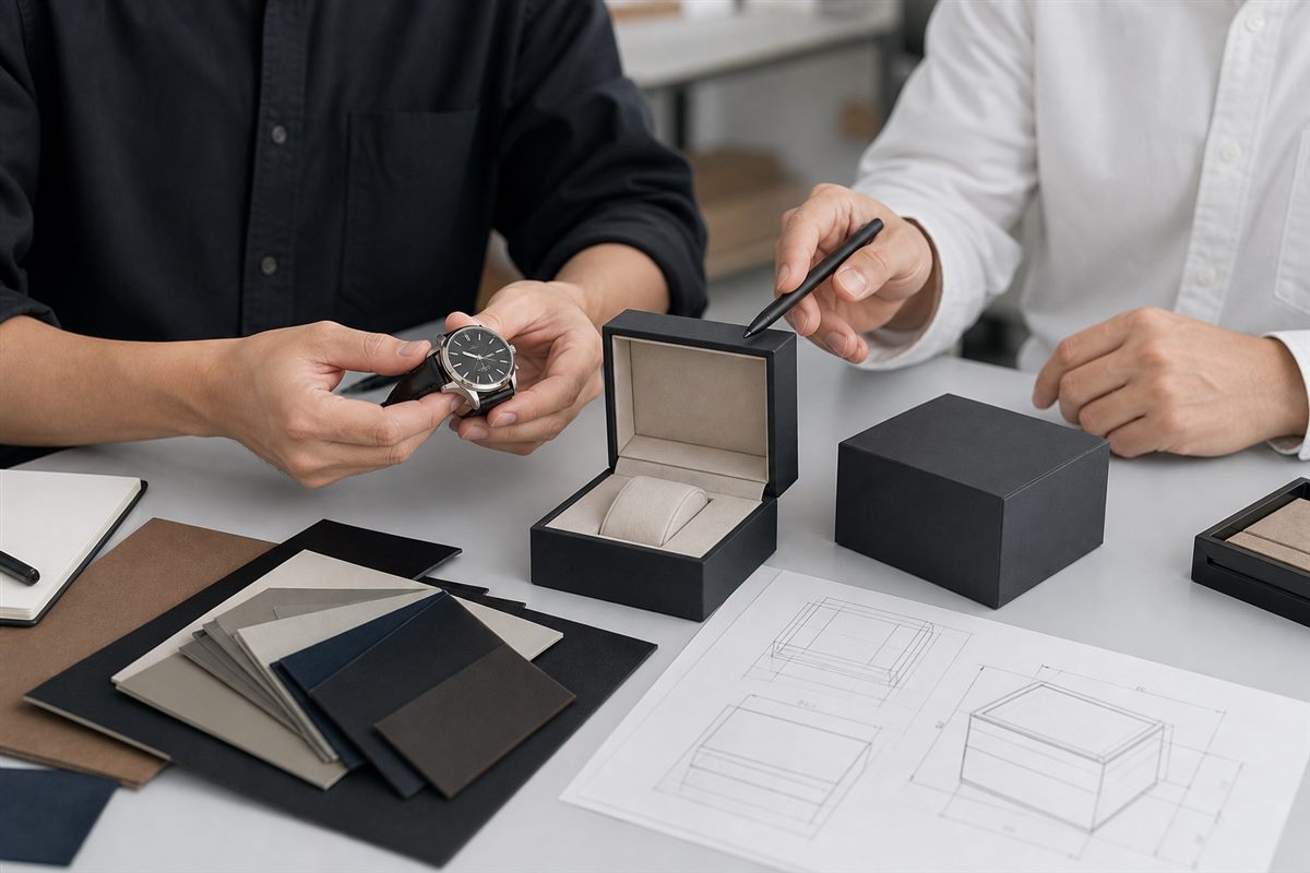 Packaging team reviewing watch dimensions, material swatches, and box specification