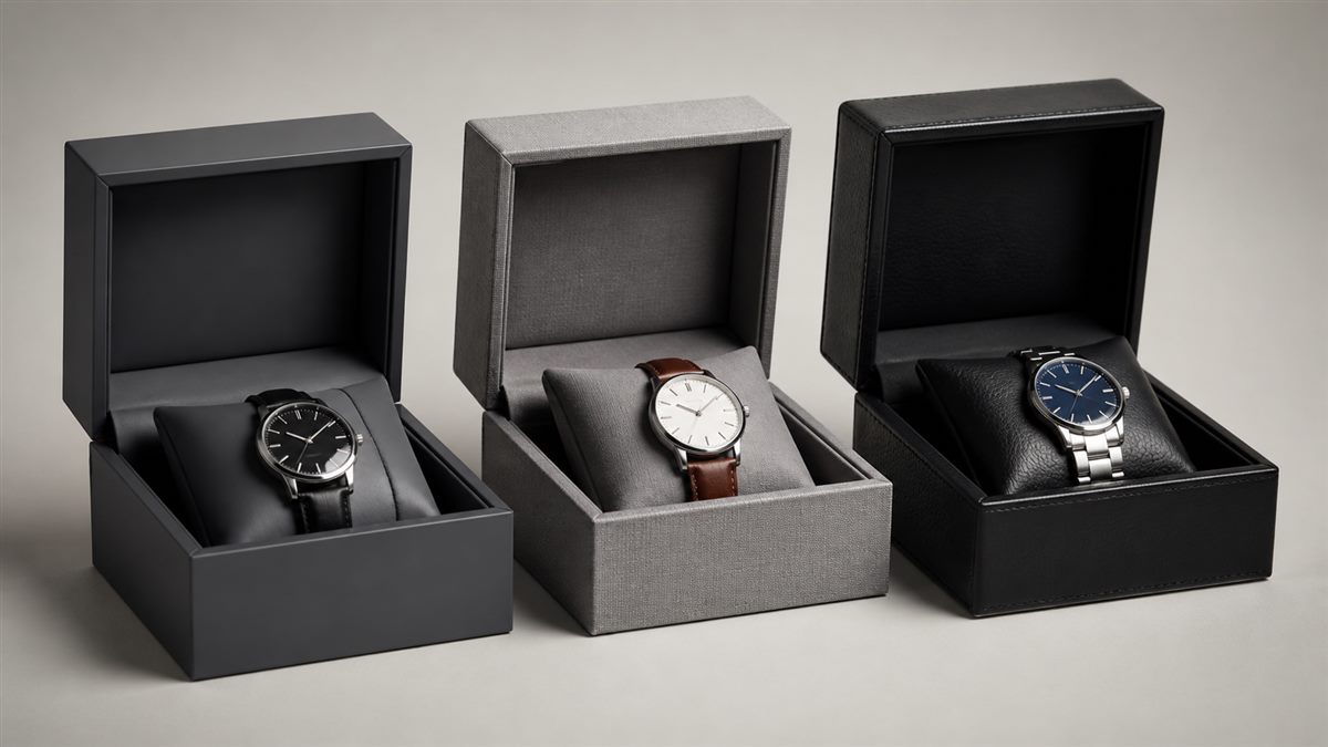 Three watch presentation boxes with different surface appearances.