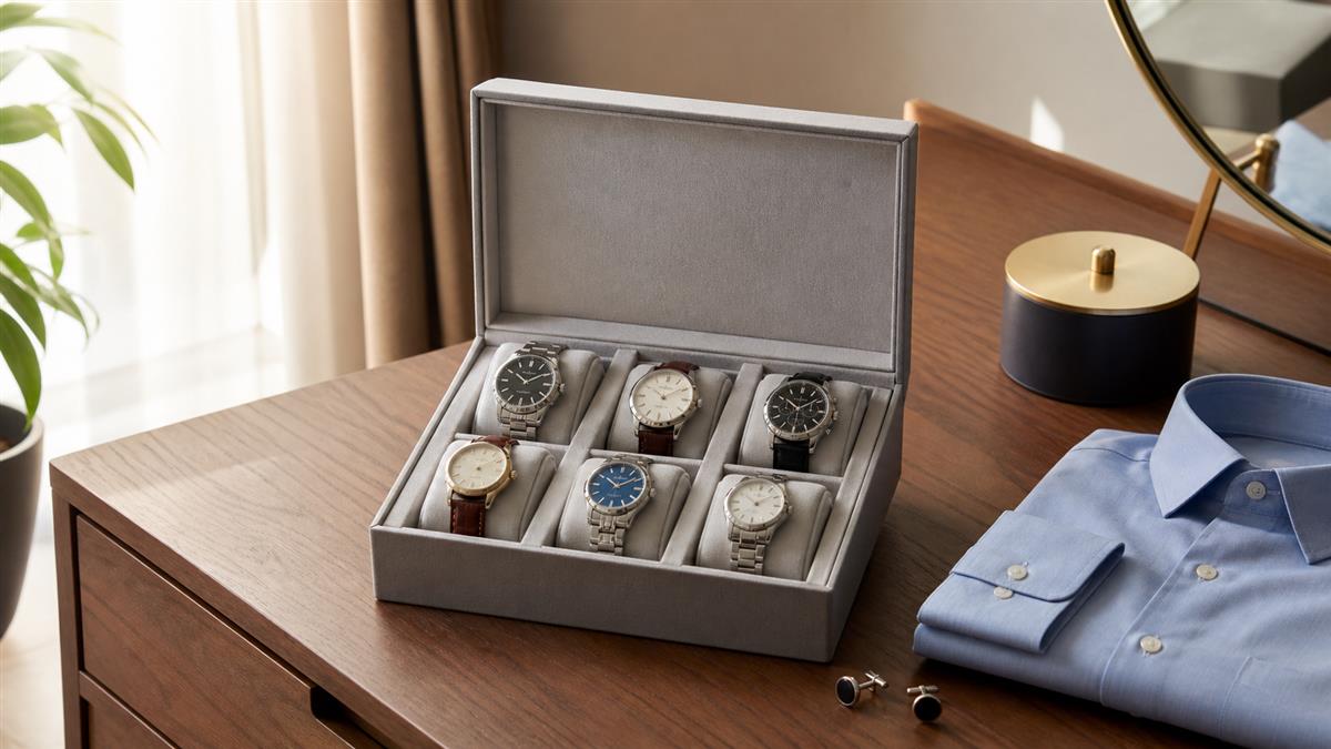Organized watch collection box beside clothing for daily selection.