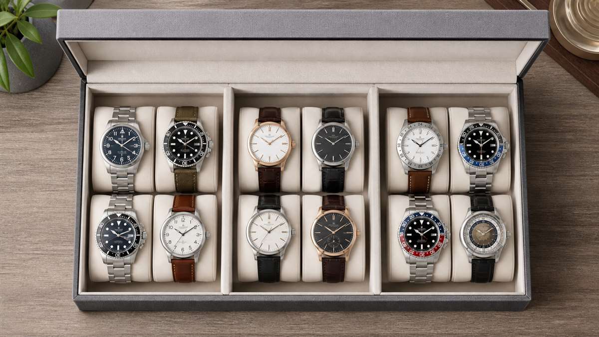 Organized watches in separate positions inside a collection box.