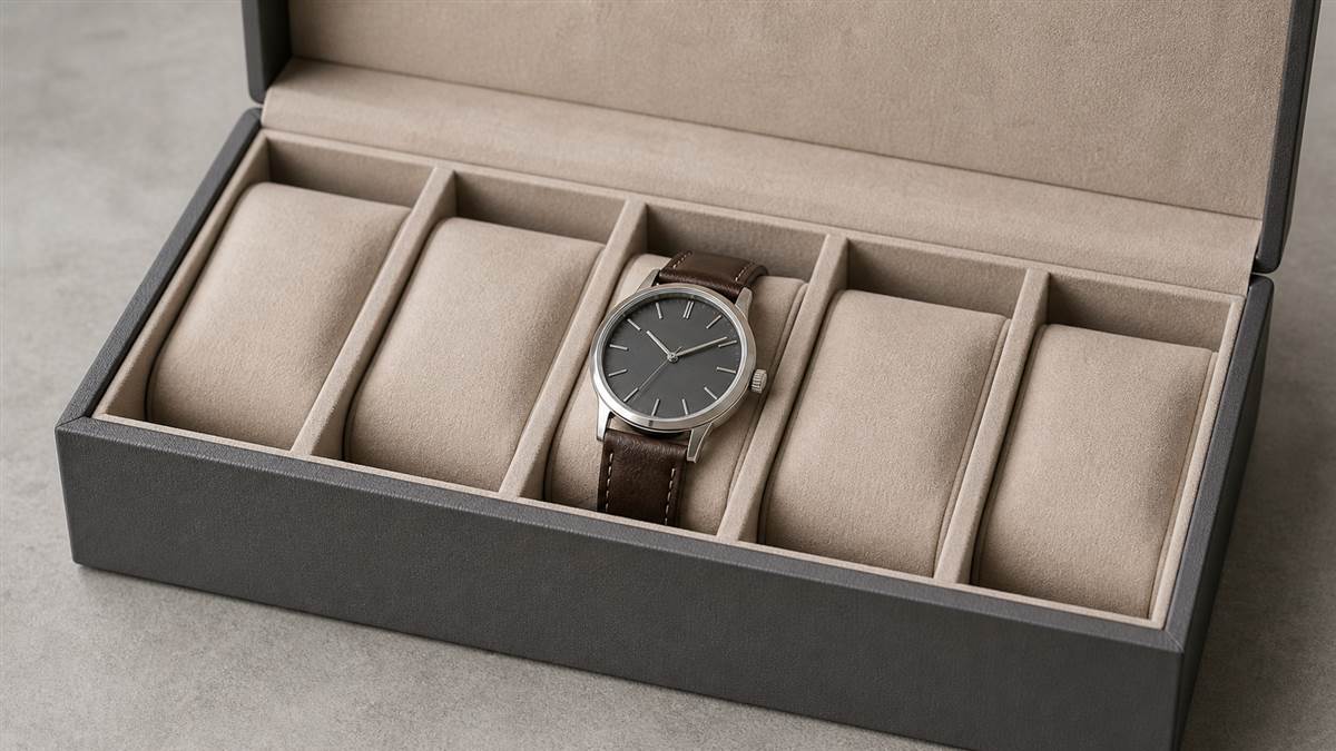 Watch in a separate padded compartment of a display box.