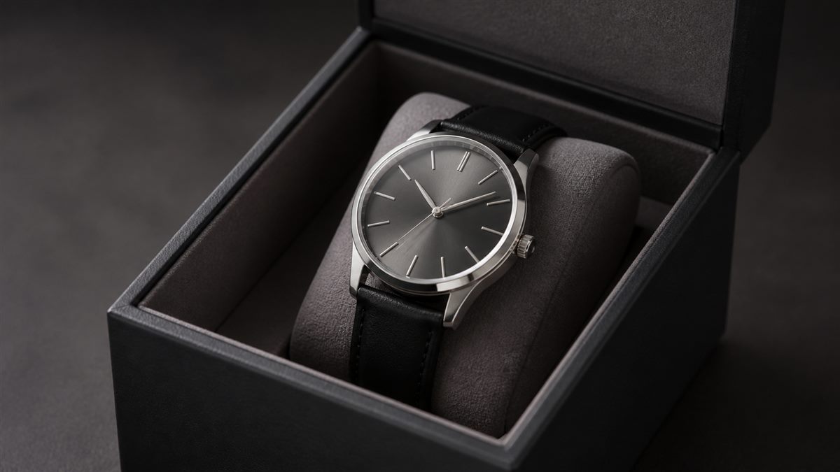 Generic watch seated visibly on a pillow in an open box.