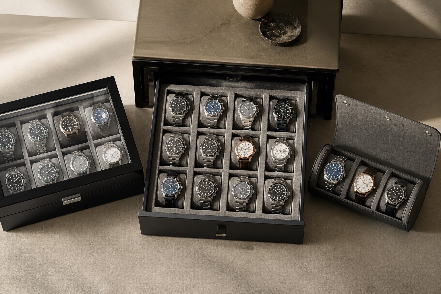 Single, multi-slot, and travel watch display formats.