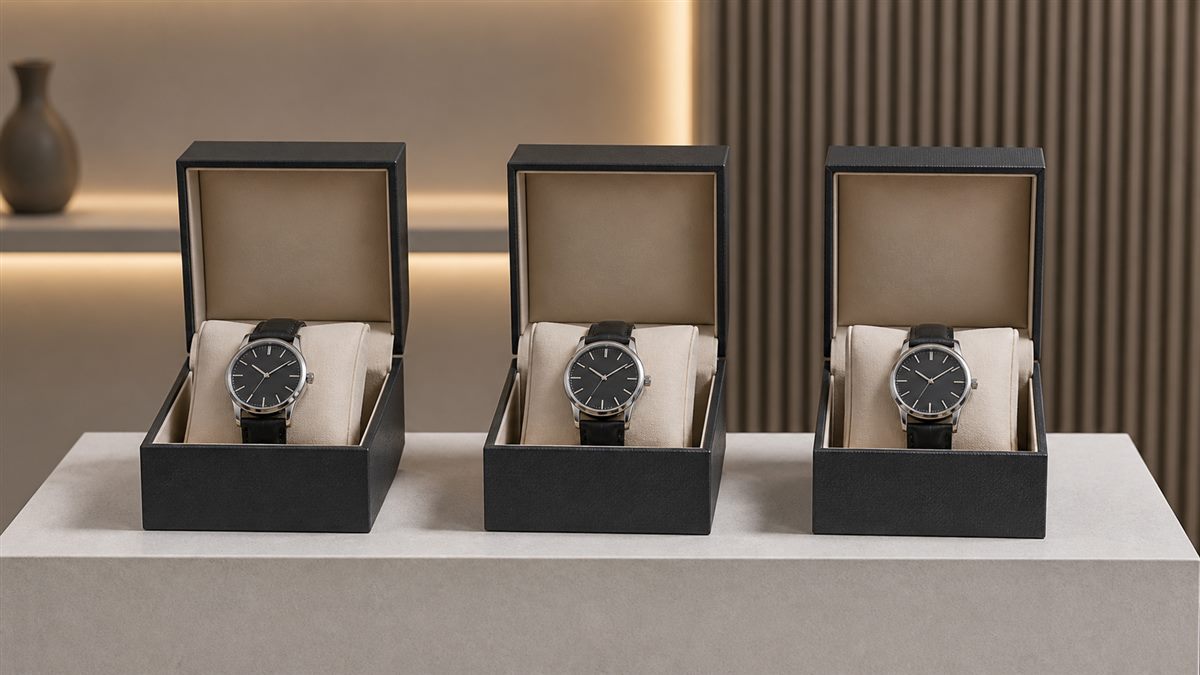 Three consistent single-watch boxes in a retail presentation.