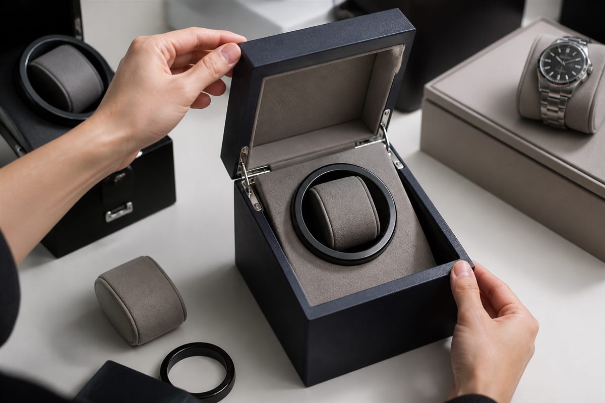 Hands inspecting the lid alignment and interior of a watch winder box