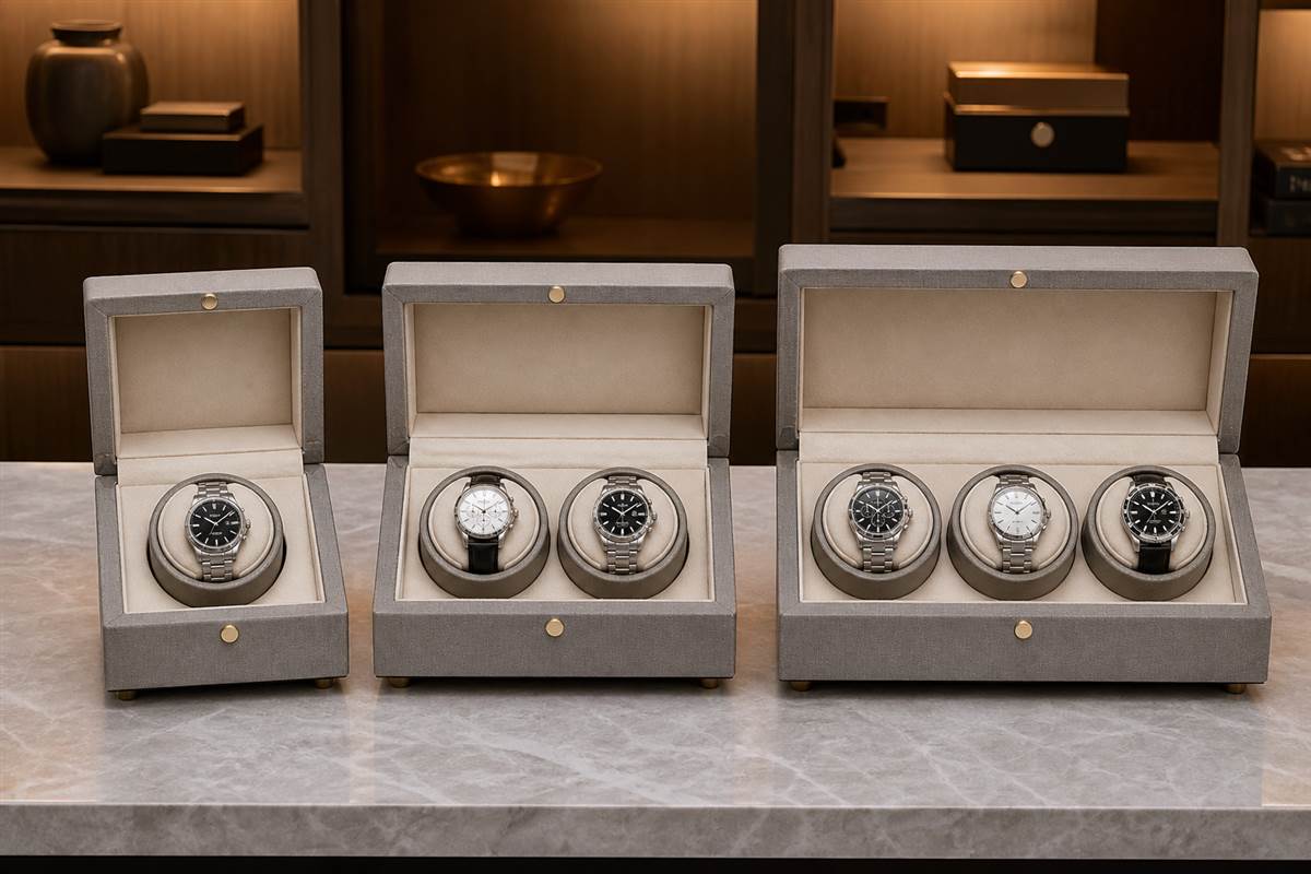 Watch collection displayed in single, double, and multi-watch winder boxes