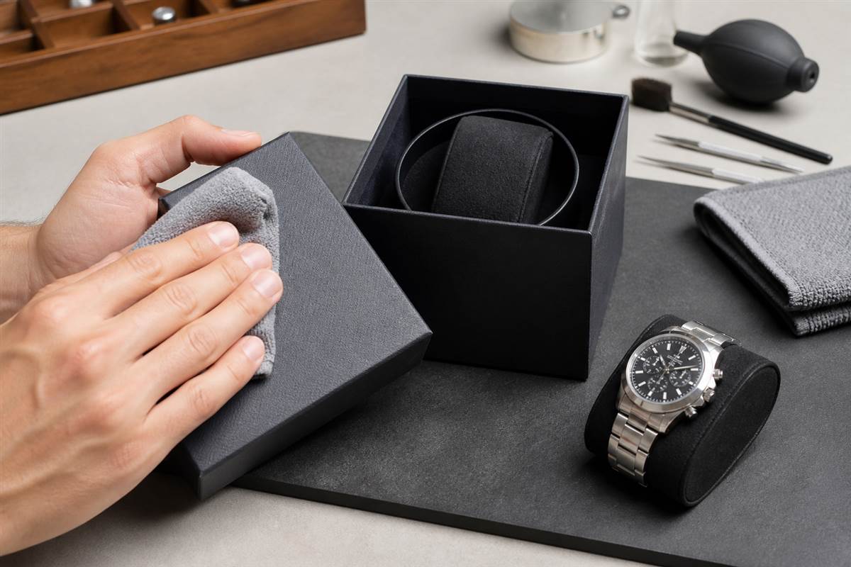 Careful cleaning of an open watch winder box with a soft cloth