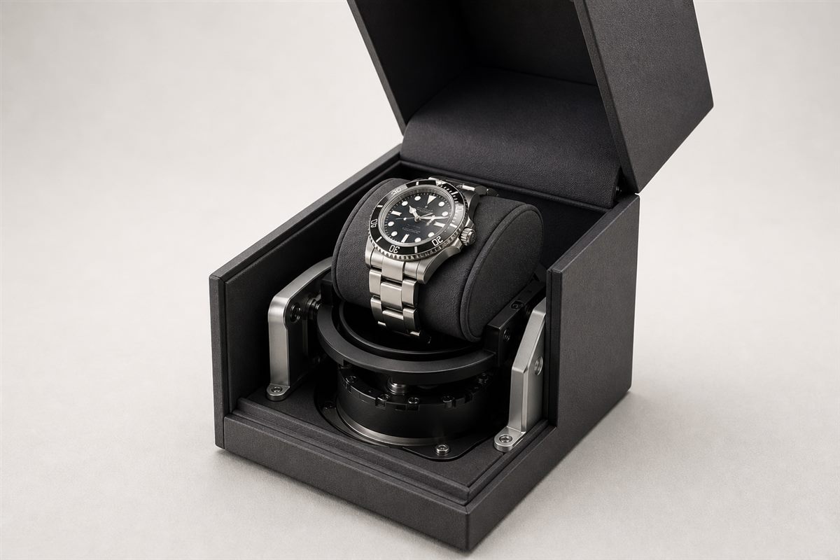 Open watch winder box showing the watch cushion and rotating support