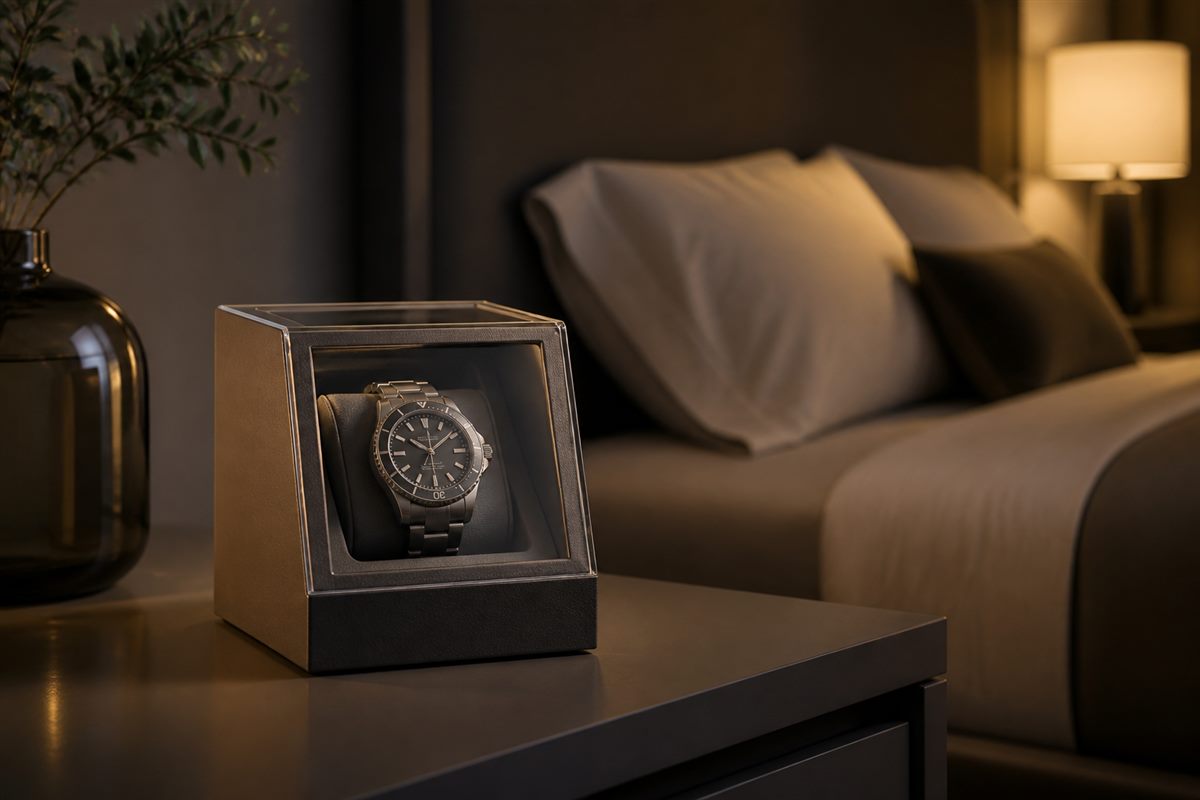 Compact watch winder box placed beside a bed for quiet use
