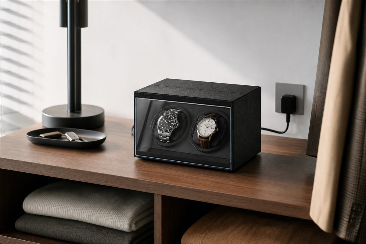 Double watch winder placed securely on a tidy shelf