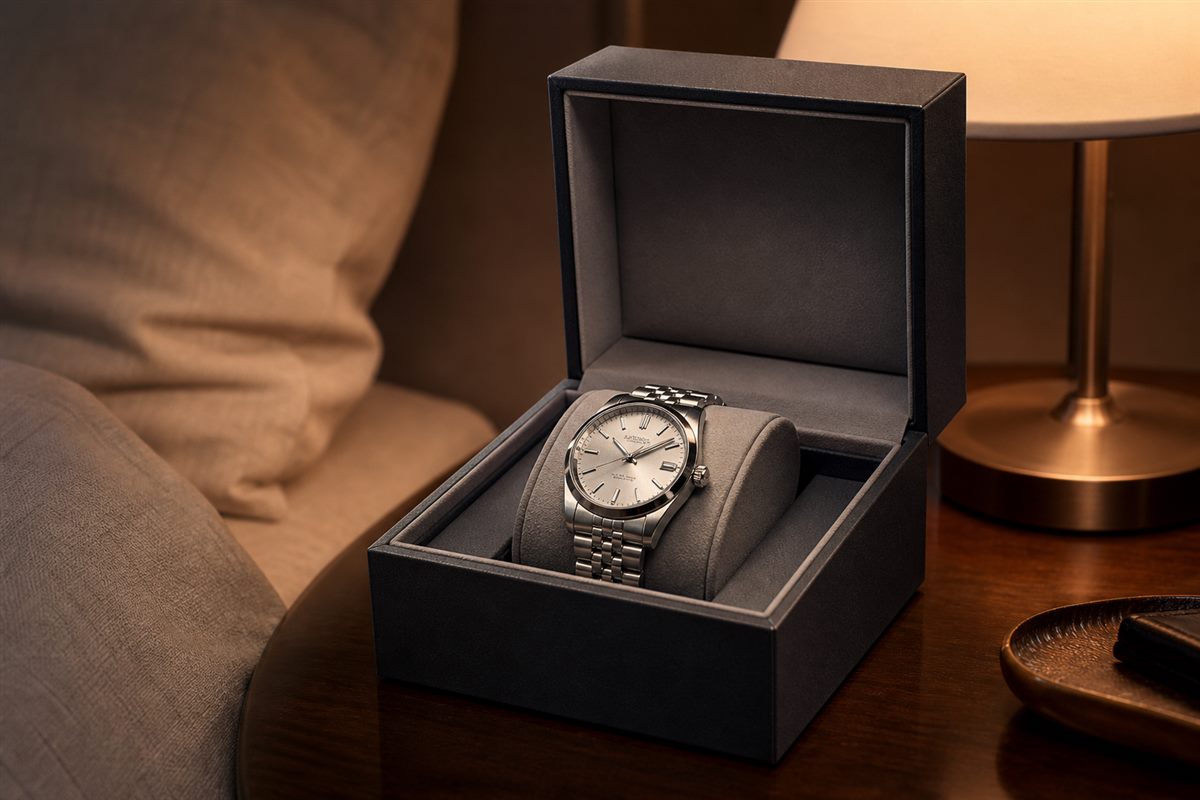 Automatic watch secured in an open single-watch winder box