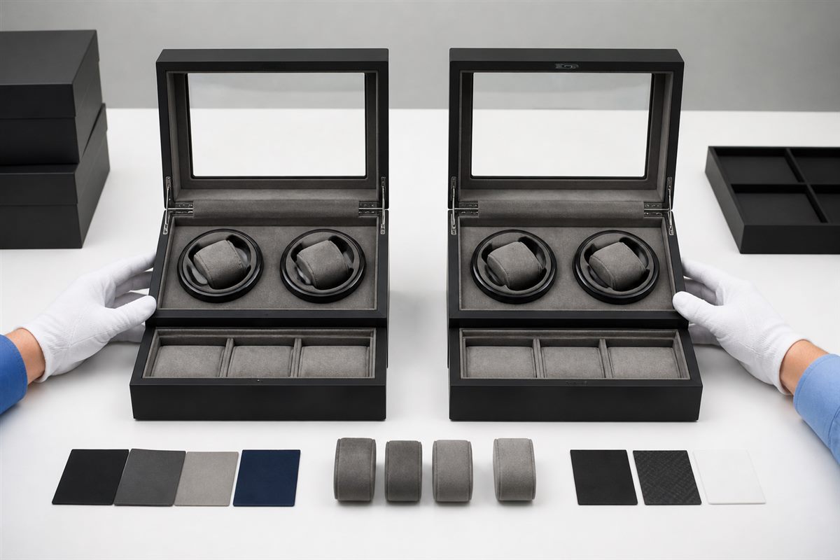 Matching watch winder presentation samples reviewed for alignment and fit