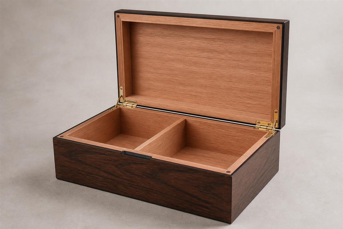 Open wooden cigar box humidor showing the lid and cedar interior.