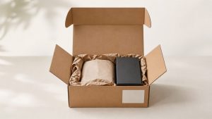 Open e-commerce shipping box with a protected product and paper cushioning