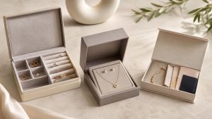 Three unbranded jewelry box options for personal storage, retail presentation, and custom development.