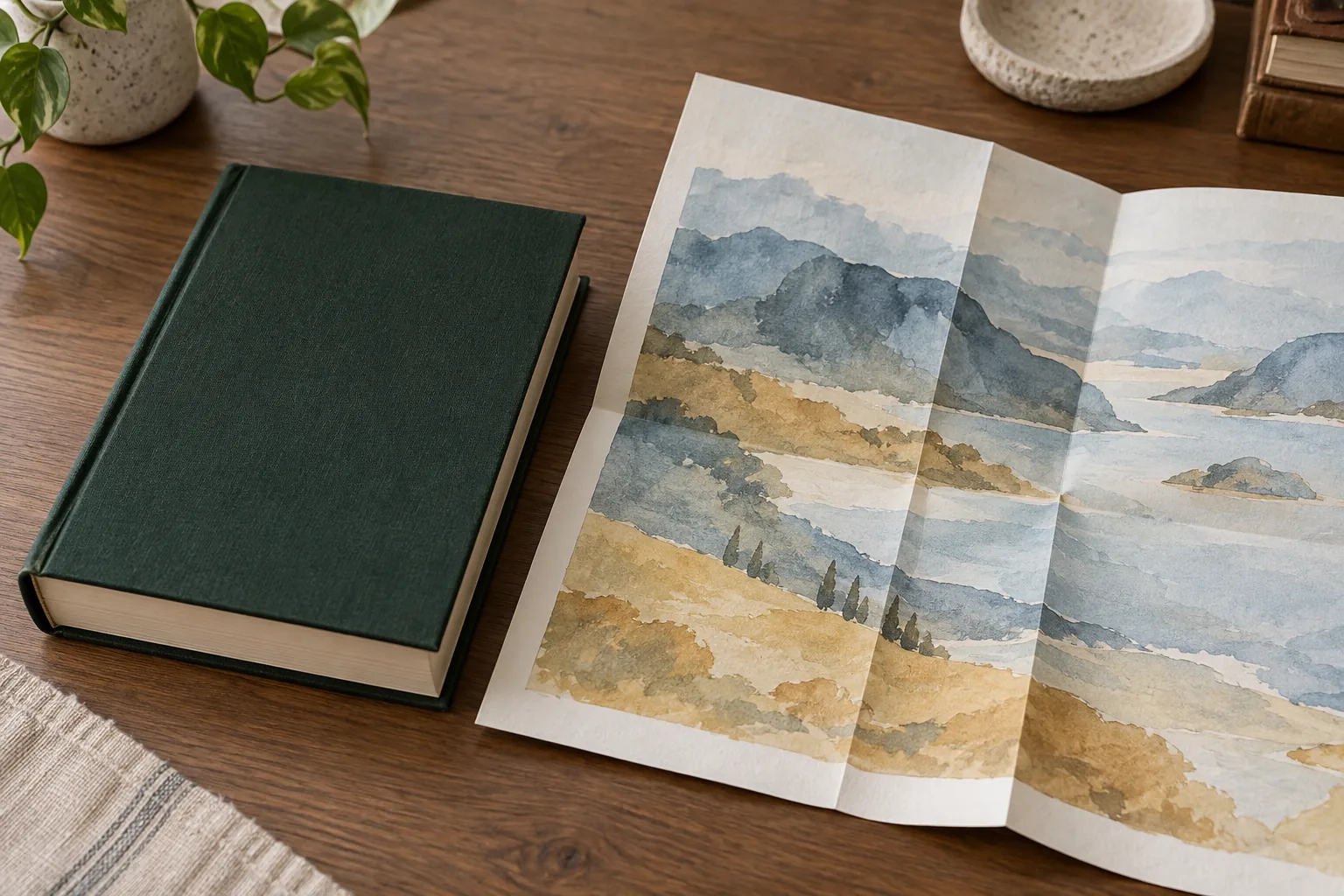 Folded abstract color proof beside a closed green hardcover book