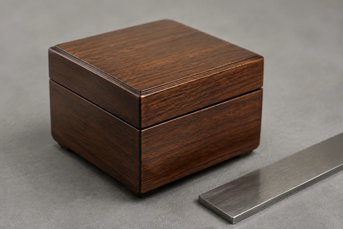 Wooden box lid seam beside a steel straightedge on an inspection surface