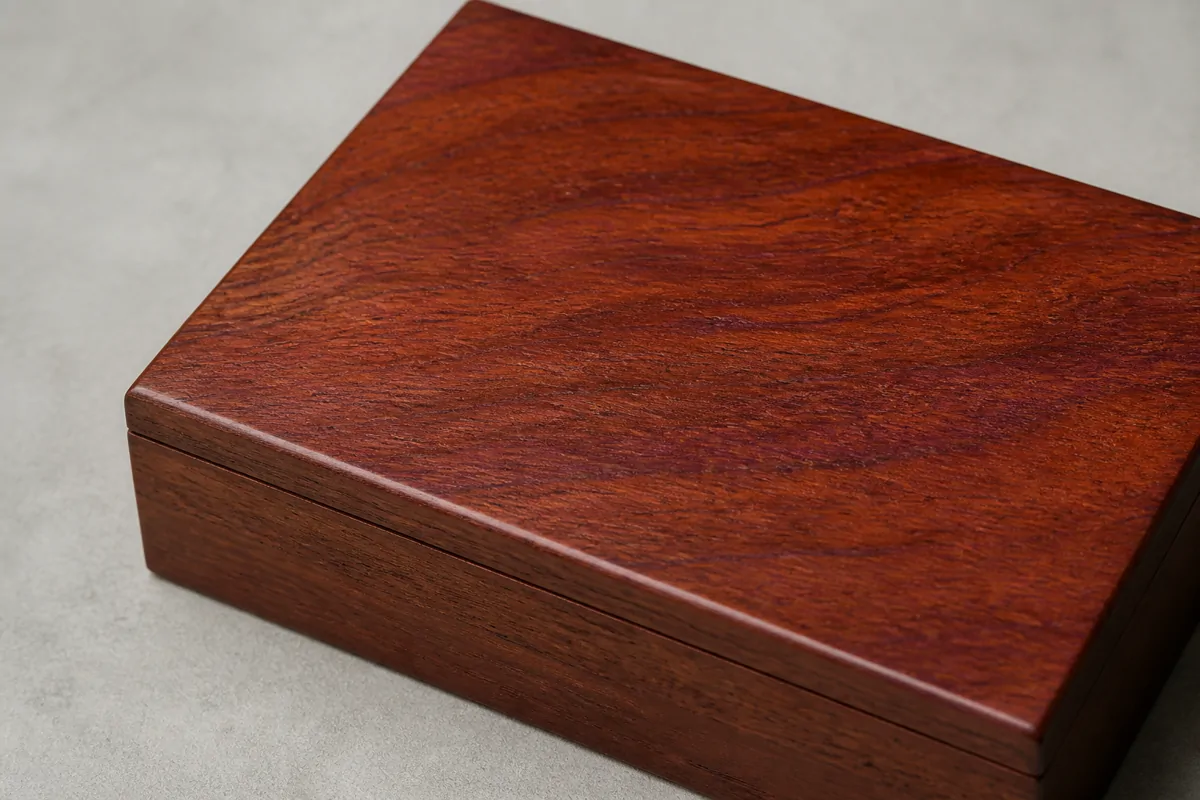 Reddish brown wood lid with fine grain and subtle purple tones