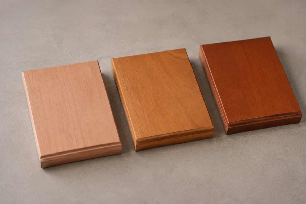 Three cherry-colored panels showing a range of finished tones