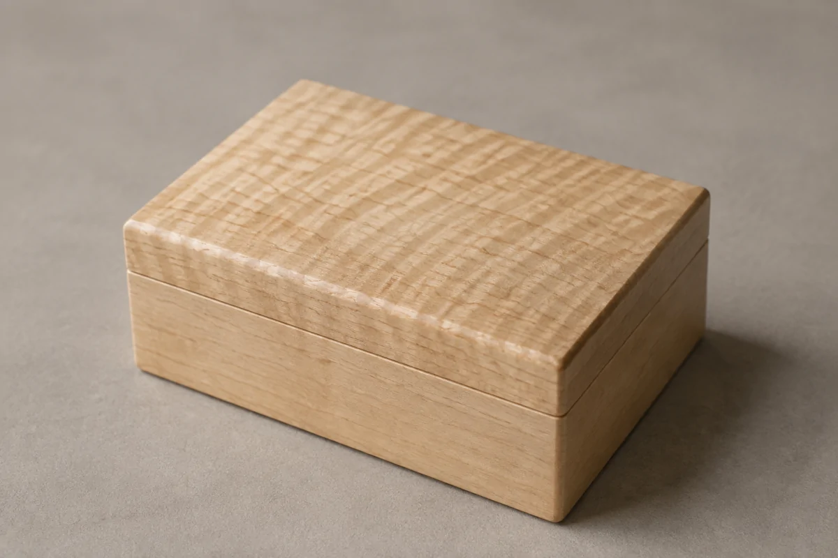 Maple jewelry box with wavy figured grain across the lid