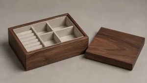 Walnut box with lined compartments illustrating the best wood for jewelry box selection