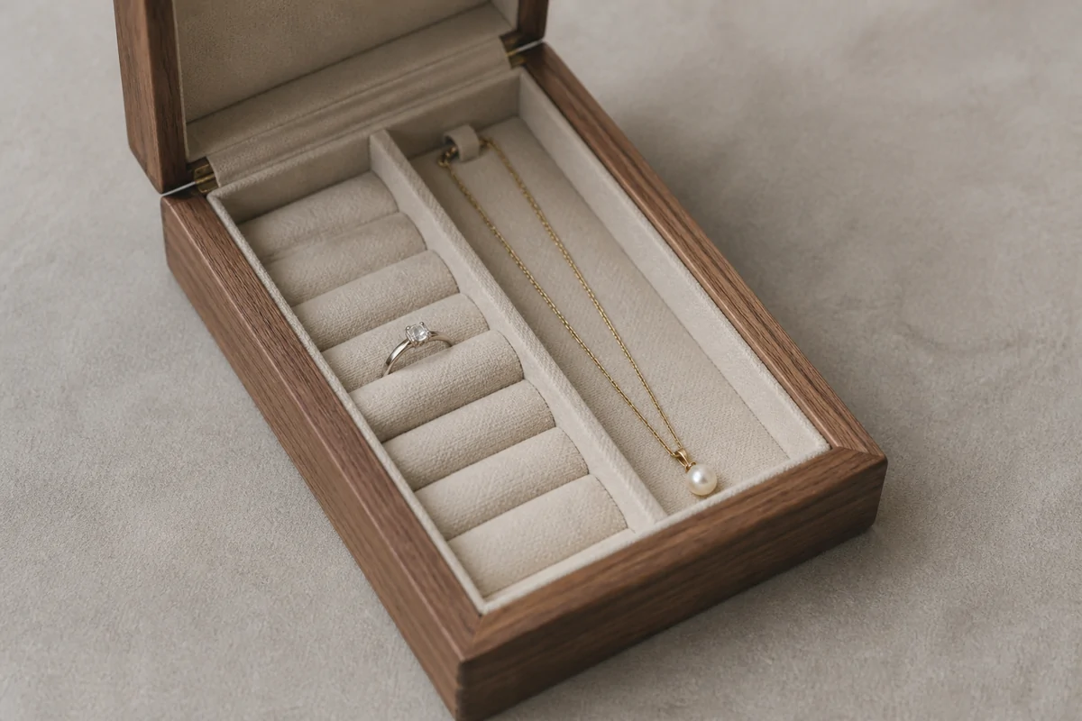 Necklace and ring separated in fabric-lined wooden box compartments