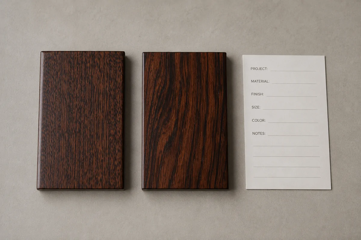 Two dark streaked wood samples beside an unfilled specification card