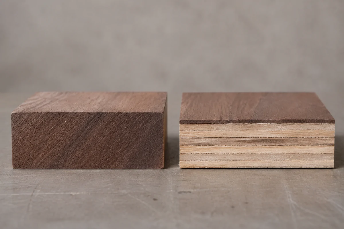 Solid wood block beside a veneered plywood cross-section